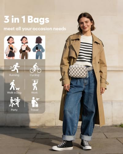 Pritent Fanny Packs for Women Crossbody Belt Bag With Zipper Back Pocket - color: Checkered Khaki, size: Large