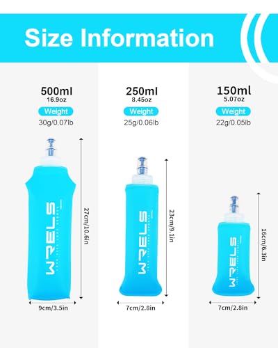 WRELS TPU Soft Flask Lightweight Portable Reusable Water Bottle,BPA Free Collapsible Flask for Hydration Pack in Running Hiking Cycling and Marathon - color: Light Blue-250ML*2