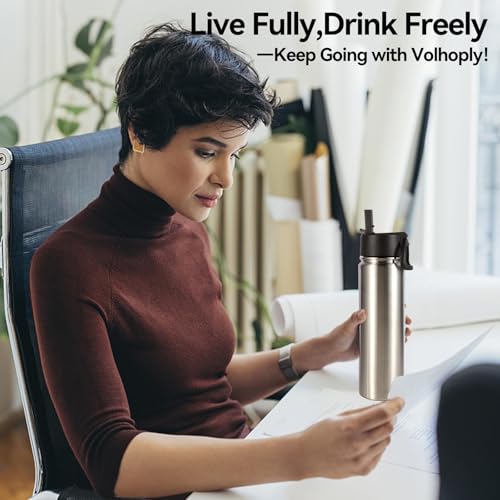 Volhoply 24oz Insulated Water Bottle with Straw Lid, Silver, 1-Pack - color: Silver