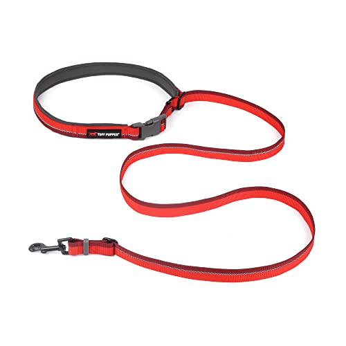 Tuff Pupper Hands Free Adjustable Length Dog Leash | Lightweight for Running Jogging Walking | Padded Waist Belt (24-50 inch) | Adjusts 3 to 6 Feet Length | Strong Ballistic Nylon w/Reflective Strips - color: Fiery Red