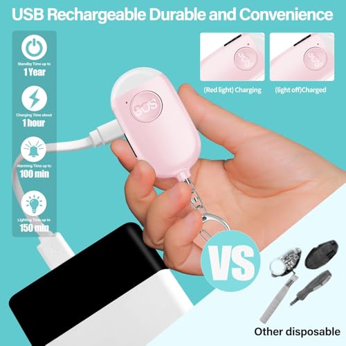 Hion Personal Safety Alarm for Women, Rechargeable 130dB Self Defense Alarm Keychain with LED Flashlight, Emergency Safe Sound Security for Children Elderly College Girls Men, Pink - color: Pink