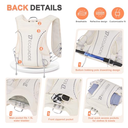 BECOJADDE 5L Running Vest for Women, Hydration Backpack Lightweight & Breathable for Trail Running, Marathon, Hiking, Cycling - color: Beige