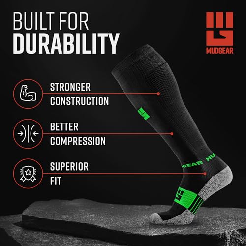 MudGear Graduated Compression Socks, Durable, Sweat-Resistant OCR Performance Socks with Cushioned Footbed, Made in USA - color: Black/Green, size: Medium