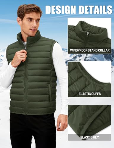 TACVASEN Men's Lightweight Packable Puffer Winter Warm Vests Outerwear - color: Army Green, size: Medium