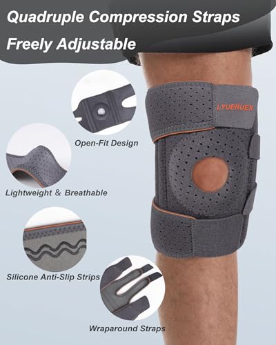 Knee Brace with Side Stabilizers & Patella Gel Pad, Meniscus Tear Knee Brace for Men and Women, Adjustable Compression Support for Pain Relief, Arthritis, Meniscus, ACL, MCL, Running (Gray Orange)