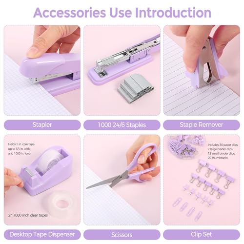 SKYDUE Purple Desk Accessories, Stapler and Tape Dispenser Set,10PCS - color: Purple