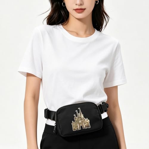 Magic Kingdom Sequin Belt Bag for Women Waterproof Waist Fanny Pack for Teen Girls Crossbody Bags for Traveling Jogging (blackA) - color: blackA