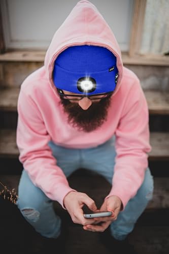 ATNKE LED Lighted Bluetooth Beanie Hat,USB Rechargeable 4 LED Wireless Music Running Headlamp Cap Gift for Men and Women - color: #Blue
