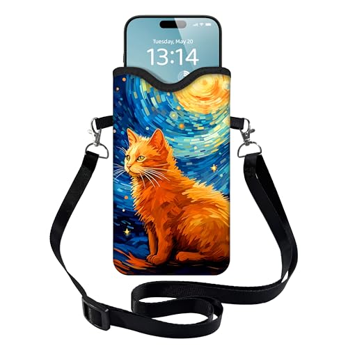 Men Women Phone Sleeve Pouch Case Bag with Crossbody Strap/Neck Lanyard for iPhone 17/16/15 Pro Max, Air, 16/15 Plus, 16e, Inches Gray - color: Cat