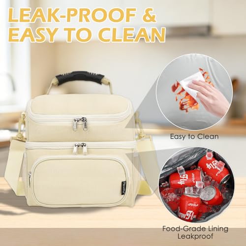 FlowFly Double Layer Cooler Insulated Lunch Bag Adult Lunch Box Large Tote Bag for Men, Women, With Adjustable Strap,Front Pocket and Dual Large Mesh Side Pockets - color: Biege