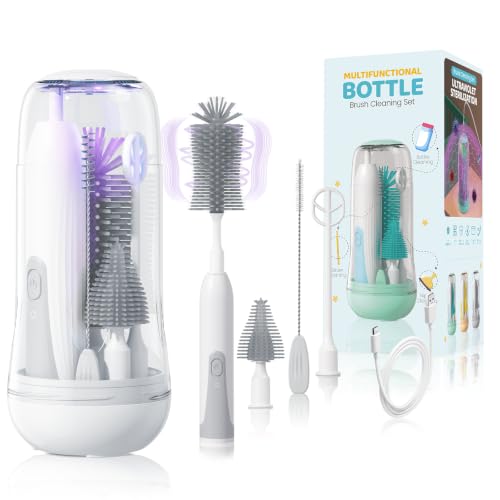 Portable Electric Bottle Brush Cleaner with Storage Box, 4-in-1 Kit - color: Gray