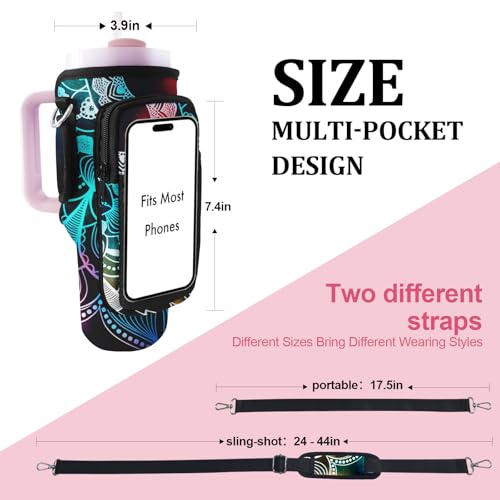Stanley Carrier Bag for Stanley 40oz/30ozTumbler with Phone with 2 Adjustable Strap,3 Pockets Bottle Stanley Cup Carrier Bag & Case,Accessories for Hiking Travelling - color: Mandala Flower