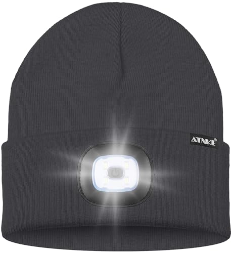 ATNKE LED Lighted Bluetooth Beanie Hat,USB Rechargeable 4 LED Wireless Music Running Headlamp Cap Gift for Men and Women - color: #Gun Gray