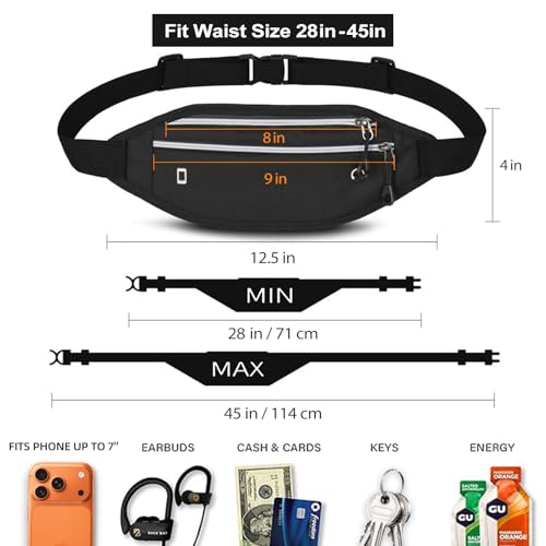 Fanny Packs for Women Men,Travel Money Pouch,Adjustable Running Belt,Black - color: Black