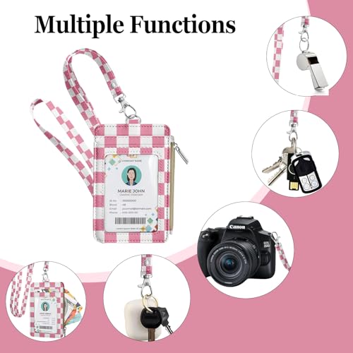 bolimoss ID Badge Holder with Lanyard Wallet for Women Cute Small Card Wallet with Removable Neck Lanyard Side Zipper Pocket Slim Pink Checkered Plaid Leather Credit Card Holder - color: Pink White Checkerboard