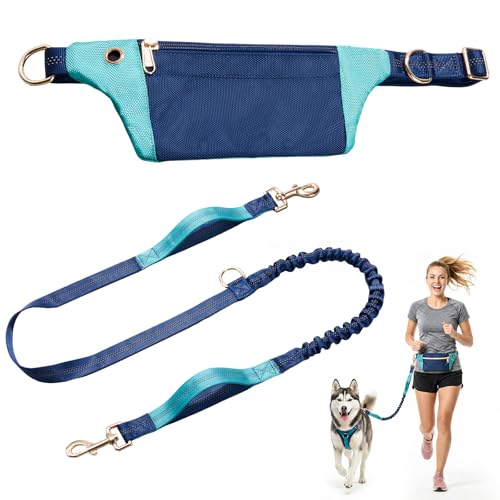 Hands Free Dog Leash with Pouch, Bungee, Waist Belt and Dual Handles - color: Navy