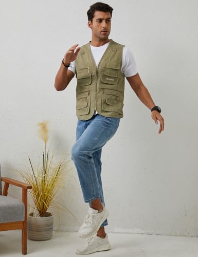 Gihuo Men's Fishing Vest Utility Safari Cargo Fly Vest with Multi Pockets - color: Beige, size: 3X-Large