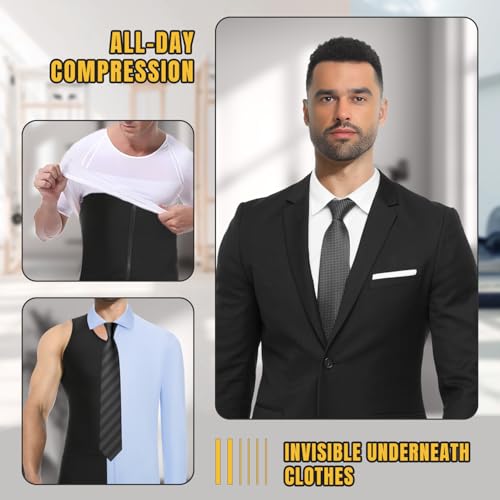 Mens Compression Shirt Zipper, Gynecomastia Tummy Control Vest, Back Support Shapewear Slimming Undershirt - color: 2 Pack Black, size: 3X-Large