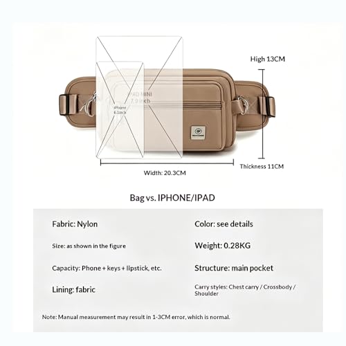 Fanny Pack for Women, Fashion Crossbody Waist Bag with 5 Zipper Pockets, Lightweight Adjustable Strap Chest Bag for Travel Hiking Running (Khaki) - color: Khaki