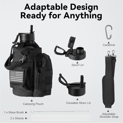 KXIAOCHEN Insulated Water Bottle with Strap, 48-Hour Cold, 2 Lids - color: Black-B, size: 64 Ounces