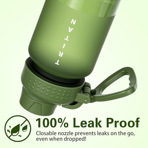 OLDLEY 32oz Water Bottle with Handle, BPA-Free Tritan Reusable Sports Water Bottle with Leak-Proof Dust Lid, Wide Mouth, Cup Holder Friendly, Half Frosted Clear Bottle for Gym,Travel,Work,Olive Green - color: Olive Green