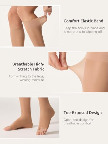 Yilamy 8-10 mmHg Open Toe Compression Socks, Sheer Knee High Women 3 Pairs - color: 3 Pairs Natural, size: Medium-Large
