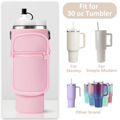 AceTreker Water Bottle Carrier Bag with Strap for Stanley 40/30 oz Tumbler Neoprene Insulated Cup Holder Sleeve with Phone Pocket & Straw Cover for Stanley Cup Accessories - color: 01-Pink, style: 30 Oz