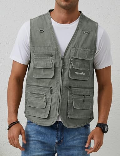 Gihuo Men's Fishing Vest Utility Safari Cargo Fly Vest with Multi Pockets - color: Army Green, size: Small