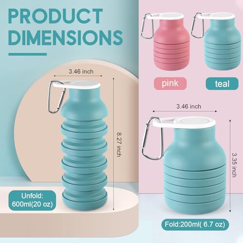 LemonRoad 2 Pcs 20 oz Collapsible Water Bottles, Pink, Teal Blue - color: Pink,Teal Blue