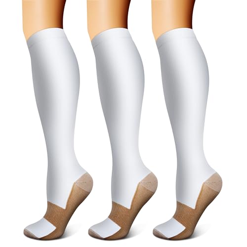 FEYHAY Copper Compression Socks (3 Pairs) 15-20 mmHg Circulation is Best Athletic & Daily for Men & Women, Running, Climbing - color: 04 White/White/White, size: Small-Medium