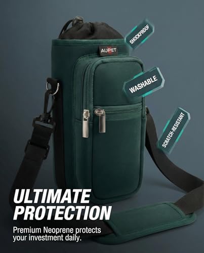 AUPET Water Bottle Sling Bag Sleeve Holder Carrier 25/32/40/64 oz,Insulated Crossbody Water Bottle Case Cover with Strap and Pockets for Men/Women Walking Hiking - color: Dark Emerald Green, size: 64oz