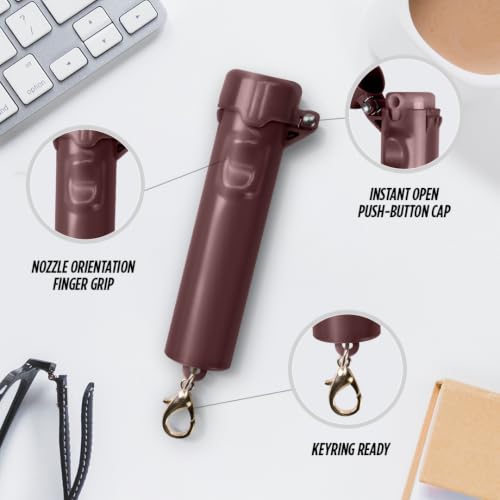 Packin' Heat 0.28 oz Compact Pepper Spray for Self Defense, Small Keychain Pepper Spray for Women, 12 ft Range, 1.44% Major Capsaicinoids, UV Dye, Push-Button Safety Cap, Snap Clip - color: Burgundy