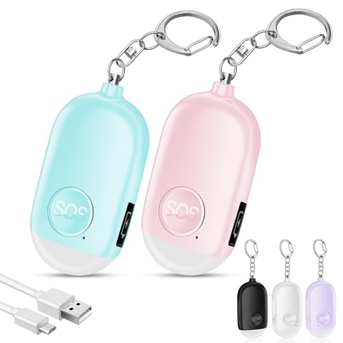 Hion Personal Safety Alarm for Women, 2 Pack Rechargeable 130dB Self Defense Alarm Keychain with LED Flashlight, Emergency Safe Sound Security for Children Elderly College Girls Men, Pink+Blue - color: Pink+blue