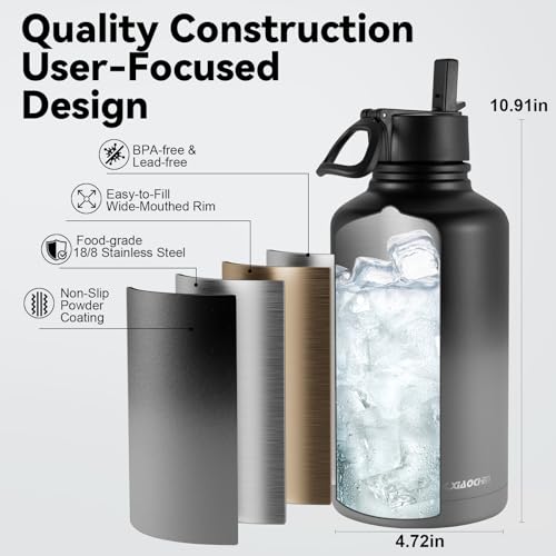 KXIAOCHEN Insulated Water Bottle with Strap, 48-Hour Cold, 2 Lids - color: Black Gray-B, size: 64 Ounces