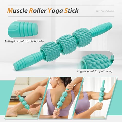 5 in1 Foam Roller Set High Density 15" Foam Roller for Muscle Recovery - color: Pure Turquoise