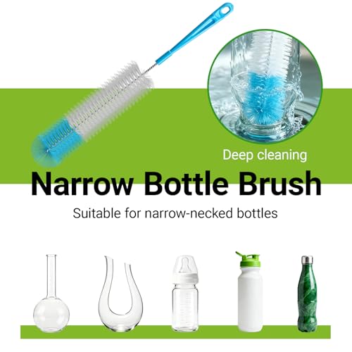 4-in-1 Bottle Brush, 16 Inches Stainless Steel Bottle Cleaner Brush with Long Handle Narrow Neck Bottle Brush, Straw Brush & Lid Brushe for Cleaning Wine Glasses,Coffee Mugs,Tumblers,Wine Decanters - color: Blue-4