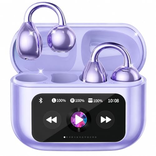 M100 Clip On Earbuds with Touchscreen Case , Open Ear Wireless Headphones for Glasses & Small Ears ,50H Total Battery, Bluetooth 6.0, IPX7 Waterproof,Ultra-Light 4g for Running & Workouts,purple - color: Purple