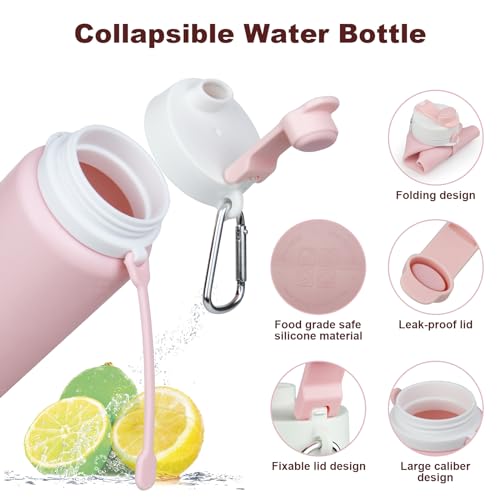 PLTCAT Collapsible Water Bottles, 19oz Foldable Silicone Travel Bottles - color: Pink