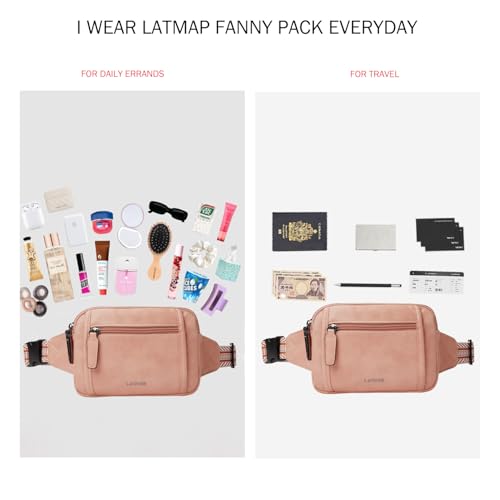 LATMAP 3L TRIPLE ZIP Fanny Packs Belt Bag For Women Men Crossbody Waist Pack Sling Chest Bum Travel Bag Purse Faux Leather Fashion Cute Light Pink - color: Light Pink