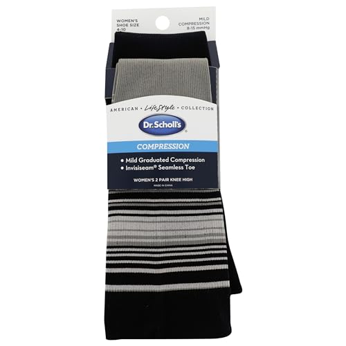 Dr. Scholl's Women's Graduated Compression Knee High Socks - color: Black Solid/Gray Stripe (2 Pairs), size: 4-10