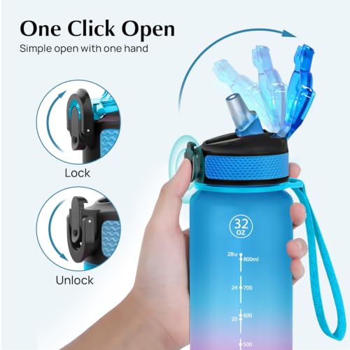 EYQ 32oz Water Bottle with Straw, Sports Bottle with Time Marker - color: 1.Blue/Purple Gradient