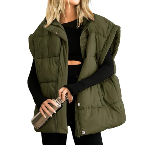 Songling Womens Oversized Puffer Vest Stand Collar Full Zip Sleeveless Bubble Puffer Vest Quilted Padded Warm Coat Outwear - color: Army-green, size: Large