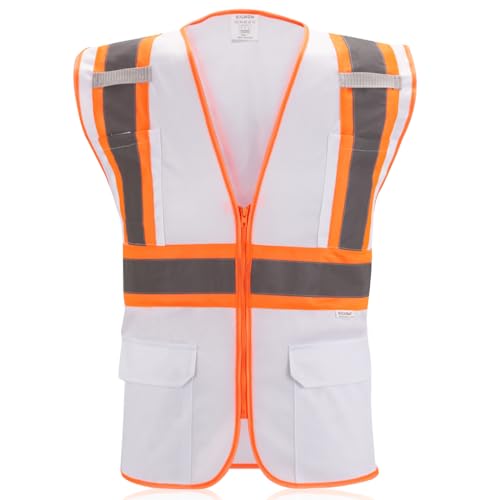 High Visibility Reflective Safety Vest with Zipper and Pockets White,L - color: White, size: Large