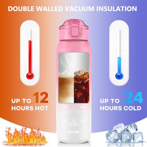 SLUXKE 32oz Insulated water bottle with 2 Lids (Straw and Chug Lid), 18/10 Stainless Steel Water Bottle BPA Free, Double Wall Vacuum Wide Mouth Insulated Water Bottle for Men, Women & Kids PINK WHITE - color: PINK WHITE, size: 32 Ounces
