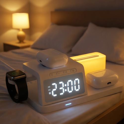 IHAO 6in1Digital Alarm Clock with Wireless Charging Station Night Light 15W Fast Charging for Qi Phone Headphone Bracket for iWatch LED Display Dimmable Brightness-HT309 White - color: Wireless Charger Alarm Clock HT309 White