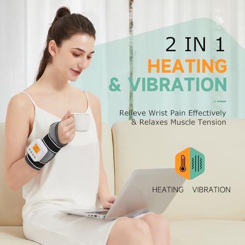 Rechargeable Heated Wrist Massager for Pain Relief - 3 Heat Levels & 3 Vibration Modes, Heat Therapy Wrap for Carpal Tunnel, Tendonitis, Sprains, Swelling, Auto Shut-Off Hand Warmer