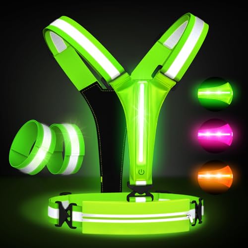 LED Reflective Vest Running Gear Set,USB Rechargeable Light Up Running Vest for Runners Night Walking with Waterproof Phone Bag,High Visibility Armband,Adjustable Waist&Shoulder for Men Women - color: Green