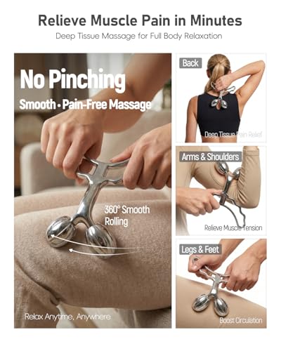 Yeamon Massage Roller for Muscle Relaxing, Cooling Steel Muscle Roller Massager with Extra Large Rollers, Handheld Massage Tools for Back Leg Arm Relax Post Workout Relief