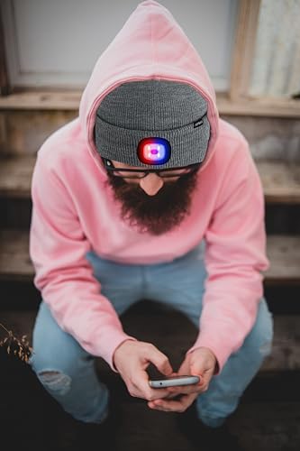 ATNKE LED Lighted Beanie Hat,USB Rechargeable 4 LED Red and Blue Flashing Running Headlamp Cap Gifts for Men and Women - color: #Grey