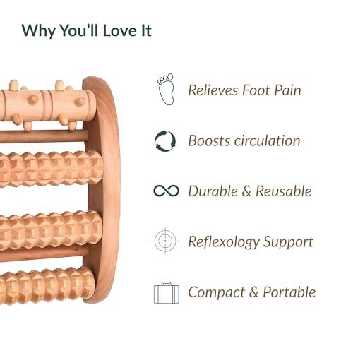 Wooden Foot Roller Massager, 4 Textured Rollers, Reflexology Tool, Brown